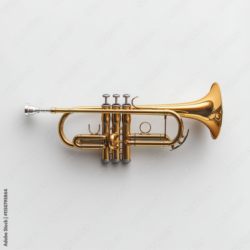 Fototapeta premium A gleaming brass 3D trumpet with detailed valves and a flared bell, positioned horizontally on a plain white background.