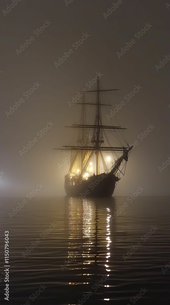 Fototapeta premium Lit sailing ship in foggy water at night.