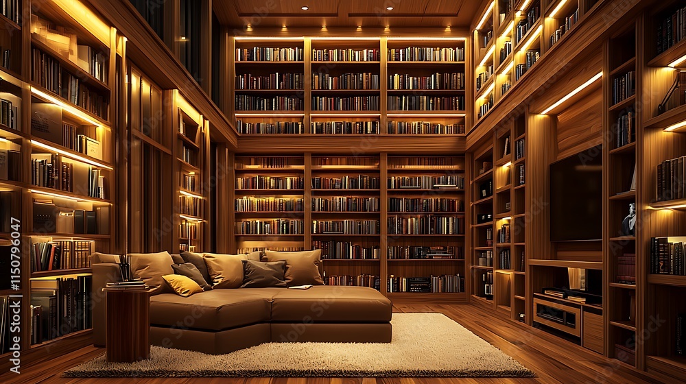 Luxurious home library with warm lighting, bookshelves, and comfortable seating. Luxurious home library with warm lighting, bookshelves, and comfortable seating.