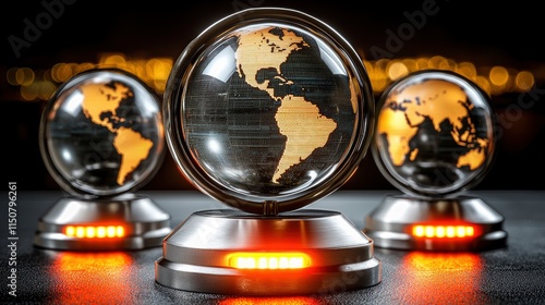 Three vintage-style globes on metallic stands with glowing lights. photo