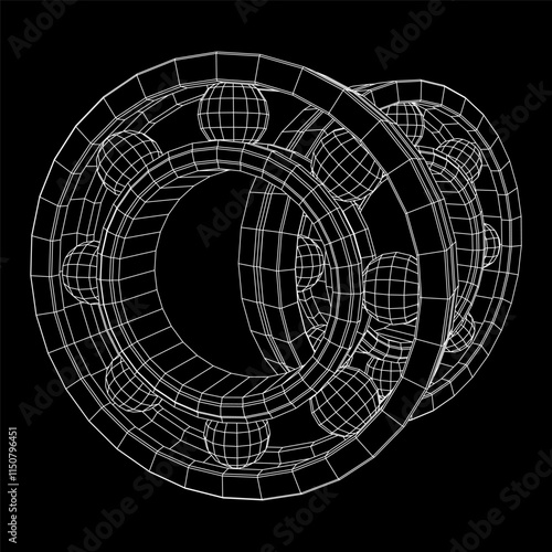 Roller bearing. Circular round rotating bearings used in industry for heavy equipment mechanical work and engineering. Wireframe low poly mesh vector illustration.