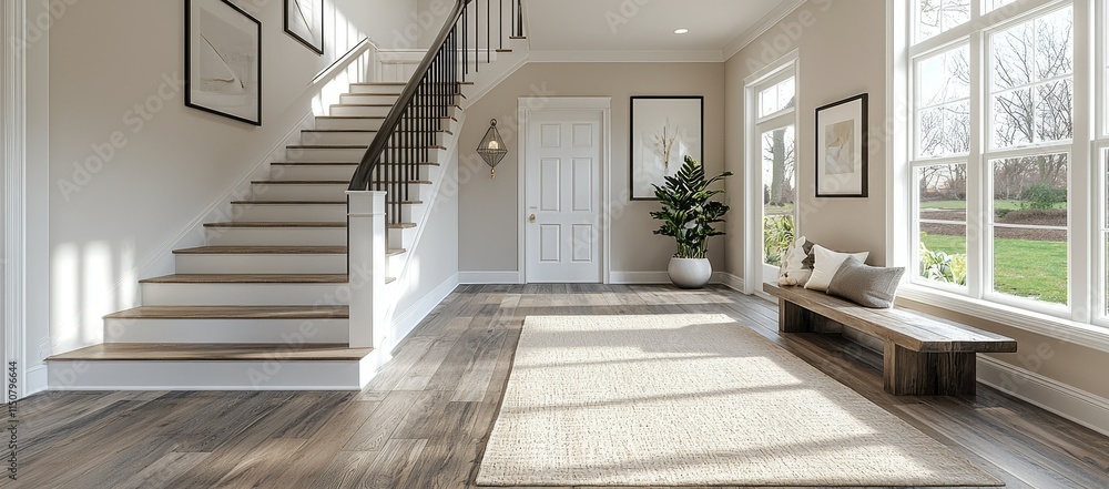 Obraz premium A bright and spacious entryway featuring a staircase, bench, and decorative elements.
