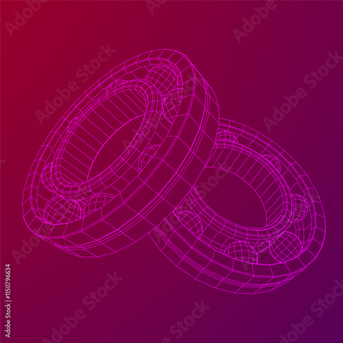 Roller bearing. Circular round rotating bearings used in industry for heavy equipment mechanical work and engineering. Wireframe low poly mesh vector illustration.