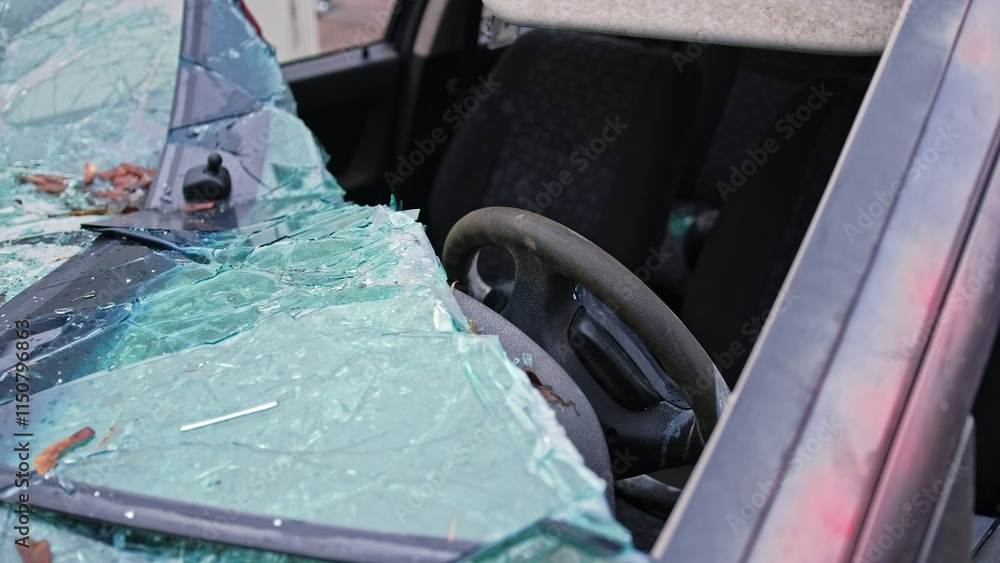 Fototapeta premium Damaged Car with Shattered Windshield from Road Accident Scene