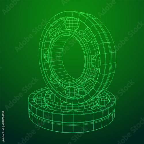 Roller bearing. Circular round rotating bearings used in industry for heavy equipment mechanical work and engineering. Wireframe low poly mesh vector illustration.
