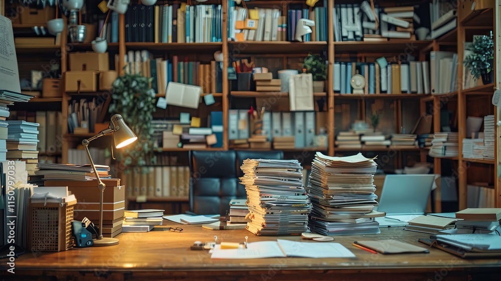 Obraz premium Overwhelmed Desk in a Book-Lined Study, Stacks of Papers and Books
