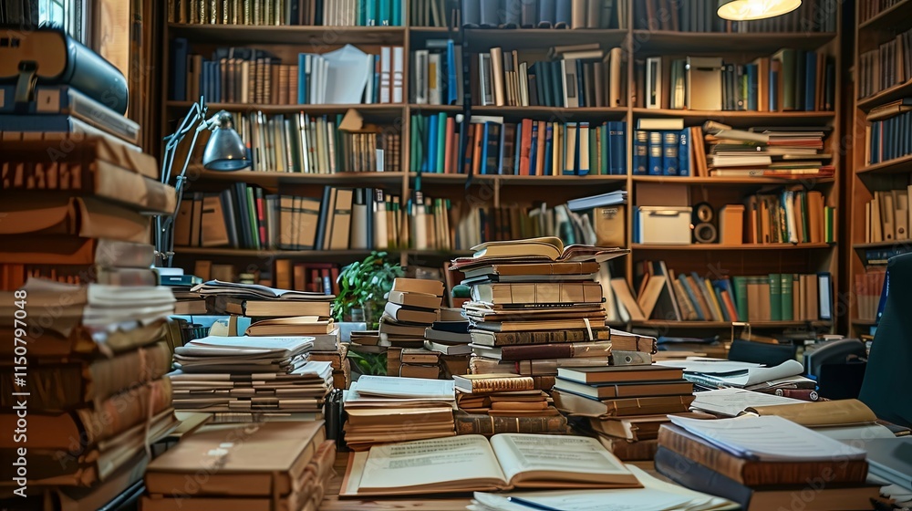 Fototapeta premium Overwhelmed Scholar's Desk: Stacks of Books and Papers in a Study