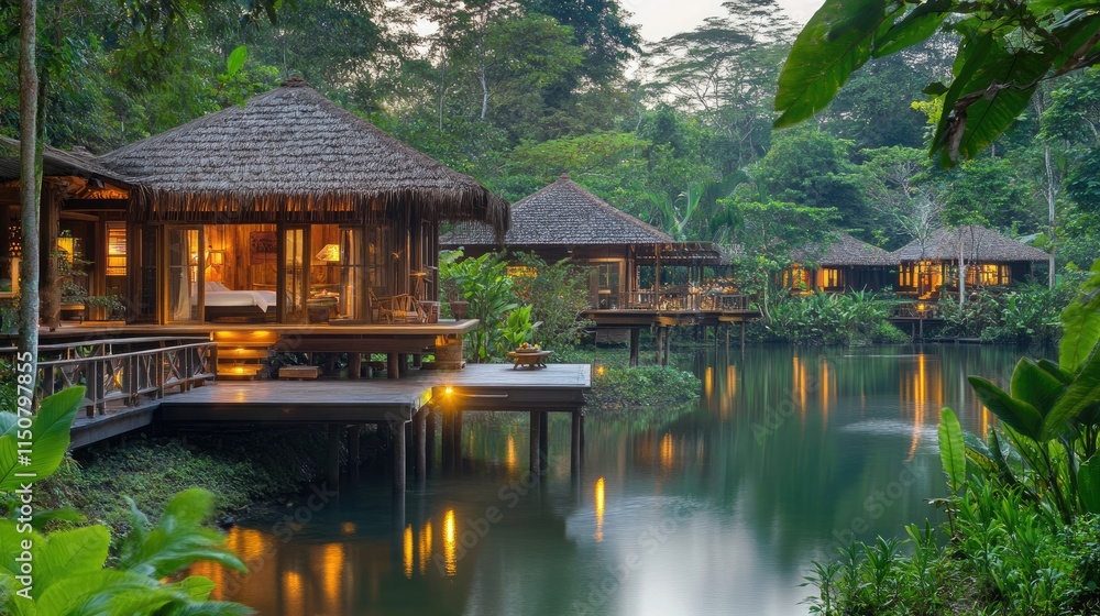 Luxurious overwater bungalows at sunset, nestled in a lush tropical rainforest with a calm lake. Luxurious overwater bungalows at sunset, nestled in a lush tropical rainforest with a calm lake.