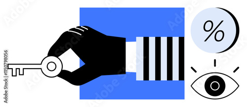 Hand holding key, adjacent to percentage symbol and eye icon on white background. Ideal for concepts related to security, access, finance, analysis, vision, data insights, and optics. Line metaphor