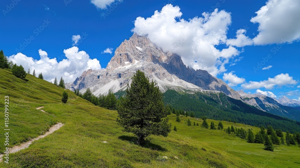 Majestic mountain with rocky peak, surrounded by lush green landscape under bright blue sky Majestic mountain with rocky peak, surrounded by lush green landscape under bright blue sky