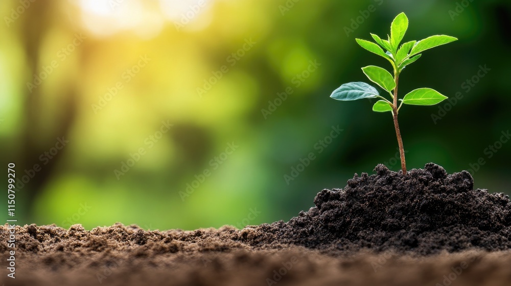 Young green plant emerging from rich soil in sunlight