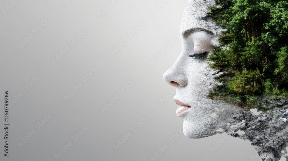 Female face blended with nature, expressing harmony between humanity and environment Female face blended with nature, expressing harmony between humanity and environment