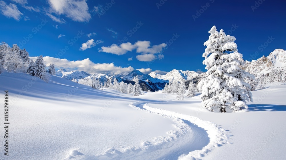 Snow-covered landscape with clear blue sky, mountains, and trees Snow-covered landscape with clear blue sky, mountains, and trees
