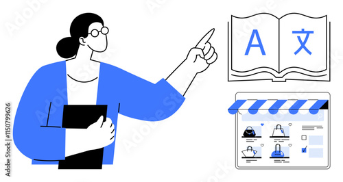 Woman holding a book and pointing towards a bilingual book and an online learning platform with profiles. Ideal for education, training, teaching, online learning, language courses, e-learning