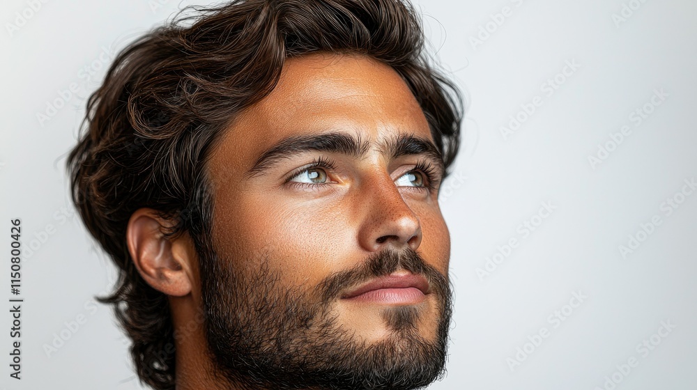 Obraz premium A close-up portrait of a man with wavy hair and a thoughtful expression.