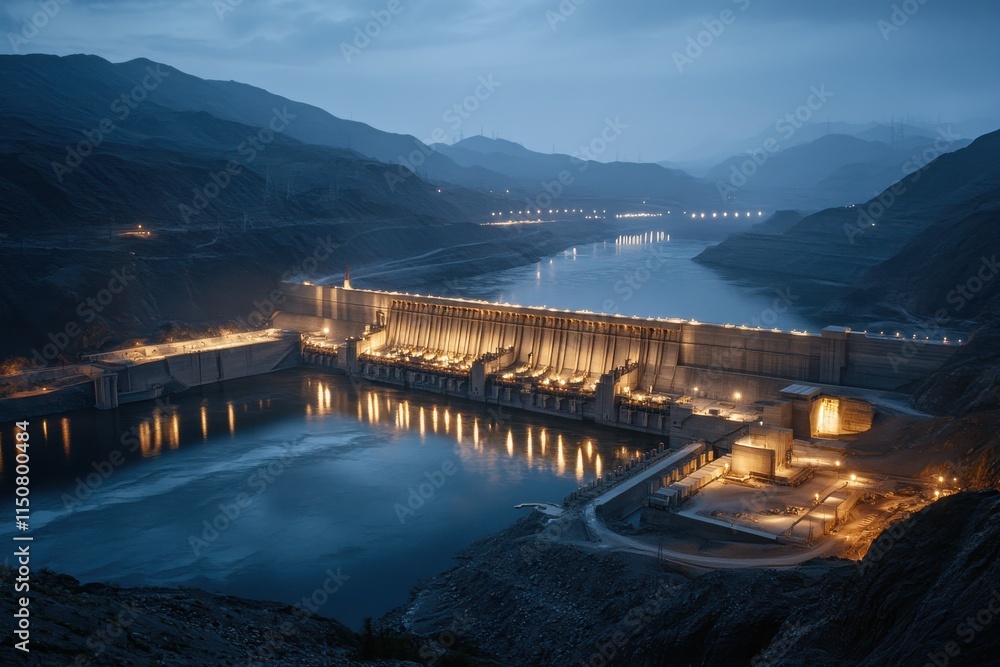 Stunning Aerial View of Illuminated Hydroelectric Dam with Cinematic Floodlight Reflection on Calm Lake Surrounded by Mountains at Dusk Stunning Aerial View of Illuminated Hydroelectric Dam with Cinematic Floodlight Reflection on Calm Lake Surrounded by Mountains at Dusk