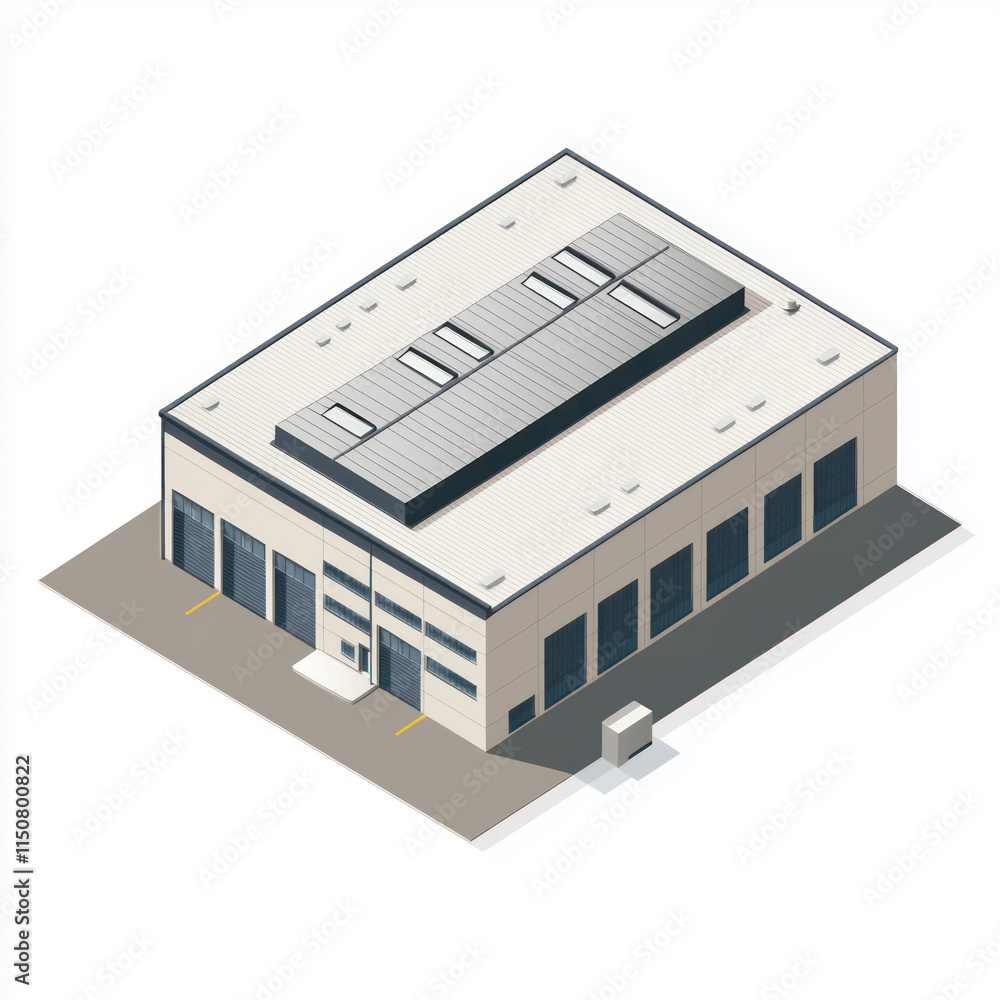 An Isometric warehouse design featuring concrete and steel structure with flat roof and large windows, ideal for industrial use An Isometric warehouse design featuring concrete and steel structure with flat roof and large windows, ideal for industrial use