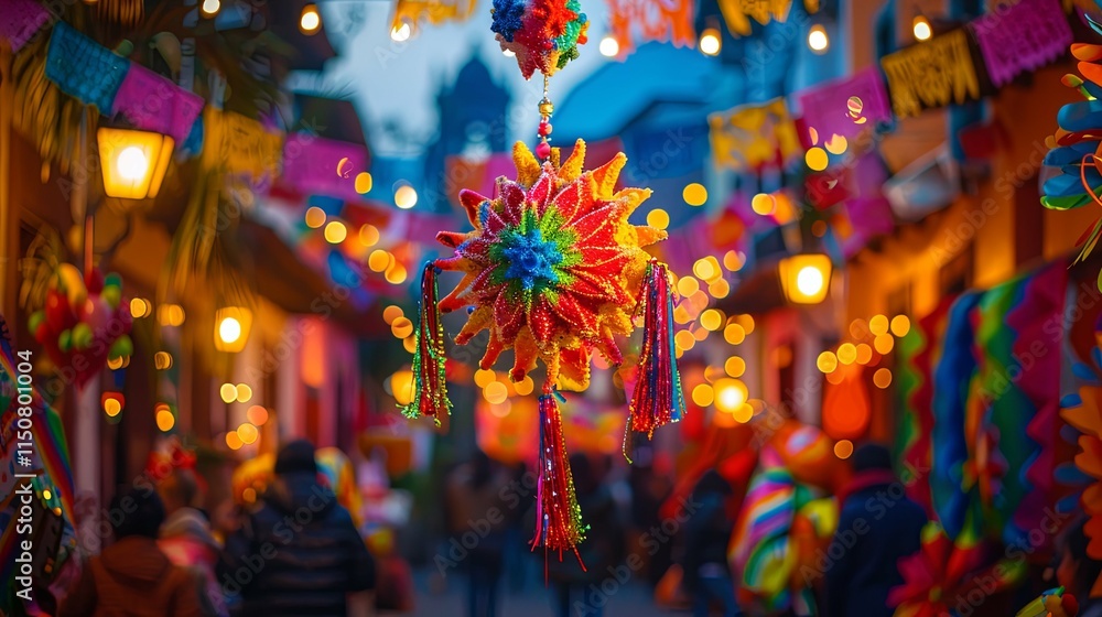 Fototapeta premium Vibrant, multicolored papel picado and star-shaped pi?ata hanging in a festive, illuminated street.