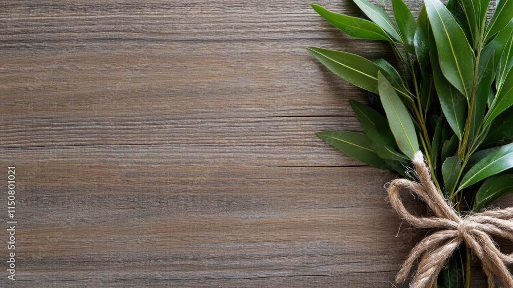 Bay leaves tied with twine on wooden background, showcasing fresh, green herbs Bay leaves tied with twine on wooden background, showcasing fresh, green herbs