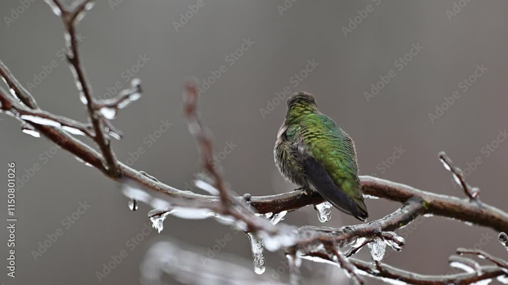 Annas Hummingbird in winter on ice coated branch from rear looking around the frozen environment Annas Hummingbird in winter on ice coated branch from rear looking around the frozen environment