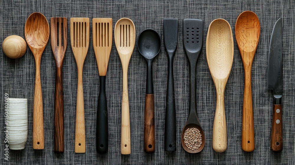 Assorted Wooden Kitchen Utensils on Gray Fabric Background Assorted Wooden Kitchen Utensils on Gray Fabric Background