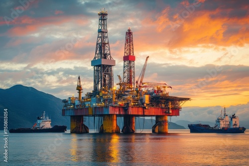Vibrant Sunrise Over Offshore Drilling Platform Surrounded by Supply Ships with Clouds in the Sky Enhancing the Scenic Beauty of the Marine Environment