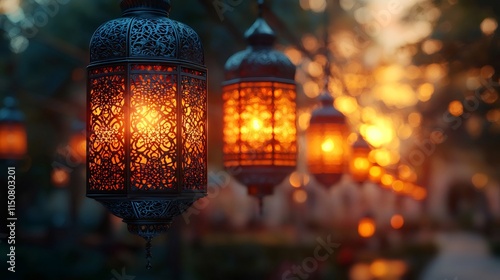 Ornate lanterns illuminating the dusk: a celebration of ramadan or eid photo