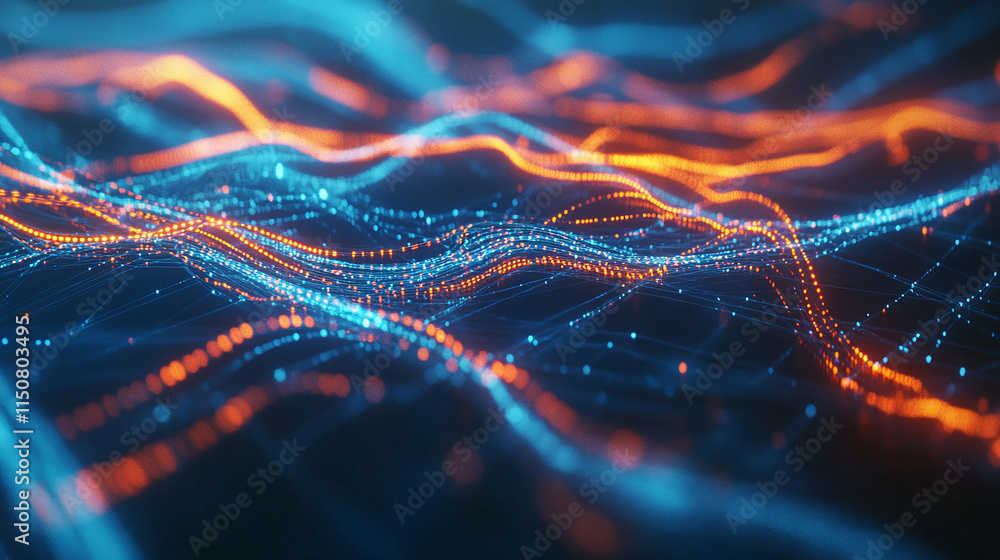 Abstract Digital Waveform Glowing Blue and Orange Particle Streams Abstract Digital Waveform Glowing Blue and Orange Particle Streams