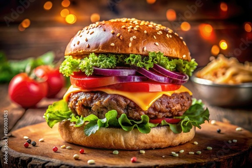 A vintage burger photo: juicy patty, retro diner setting, mouthwatering food photography.