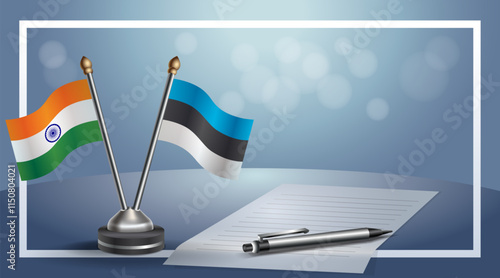 India and Estonia National flags on small table with bokeh background, cooperative relationship