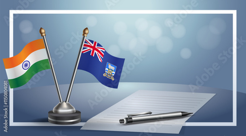 India and Falkland Islands National flags on small table with bokeh background, cooperative relationship