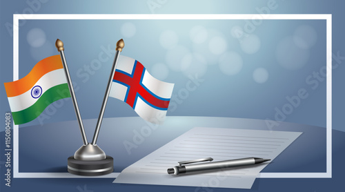 India and Faroe Islands National flags on small table with bokeh background, cooperative relationship