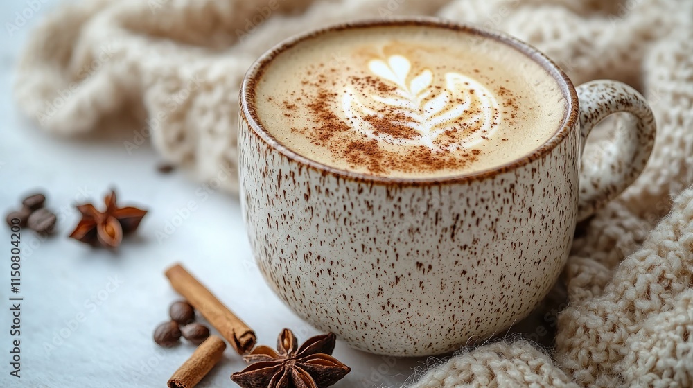 A cozy cup of latte art surrounded by spices and coffee beans on a textured blanket. A cozy cup of latte art surrounded by spices and coffee beans on a textured blanket.