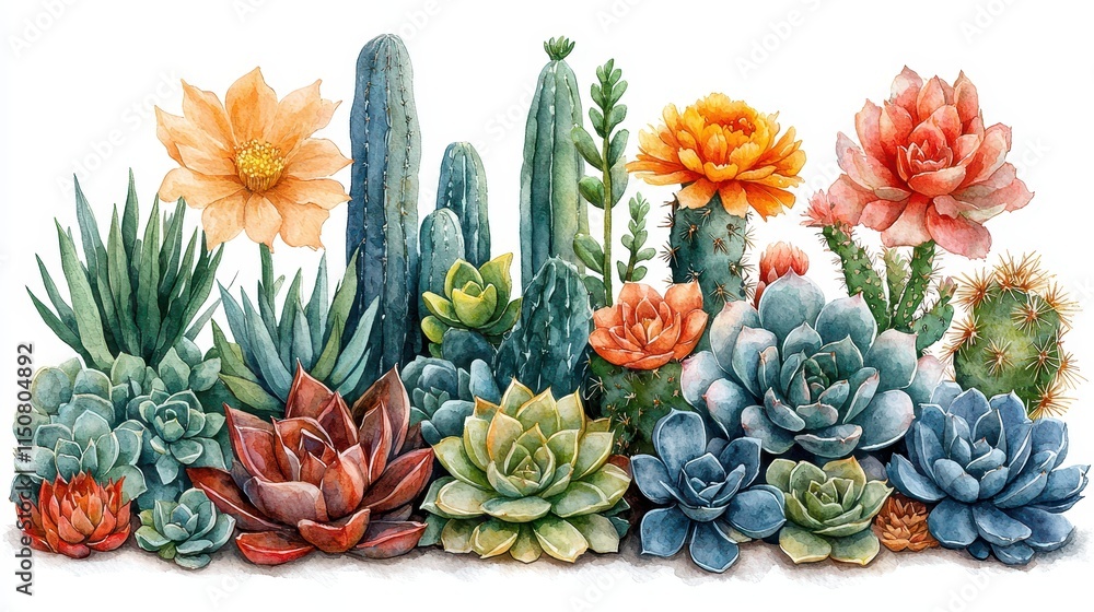 Fototapeta premium Colorful Succulent Arrangement with Cacti and Vibrant Flowers