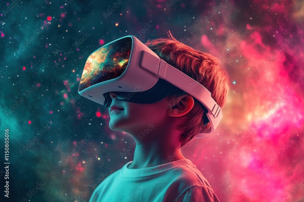 A Child in Virtual Reality Glasses Engaged with an Educational App Interface Surrounded by Cosmic Space Imagery in a Blended Digital Painting A Child in Virtual Reality Glasses Engaged with an Educational App Interface Surrounded by Cosmic Space Imagery in a Blended Digital Painting