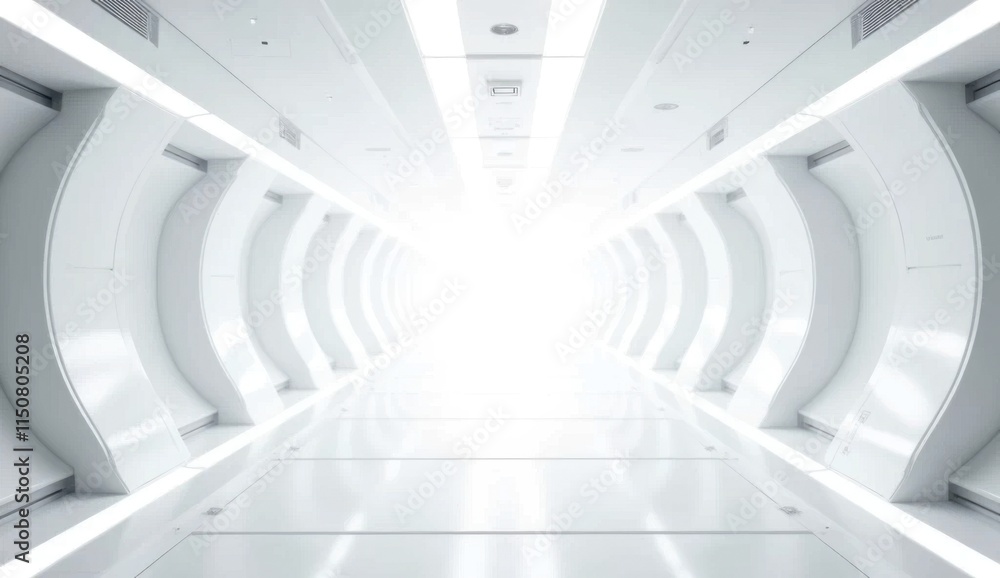 Obraz premium a close up of a white tunnel with a light at the spaceship hallway background