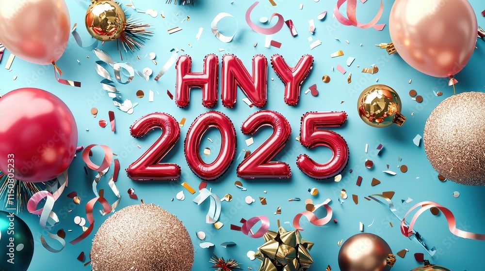 Naklejka premium Bright and Elegant Studio Shot Showcasing HNY 2025 Celebration with Colorful Balloons and Confetti