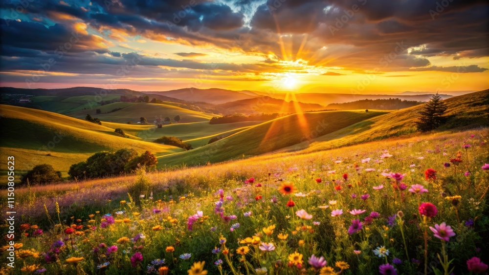 Fototapeta premium Blooming meadows transform into a miniature world at sunset, captured with tilt-shift photography.
