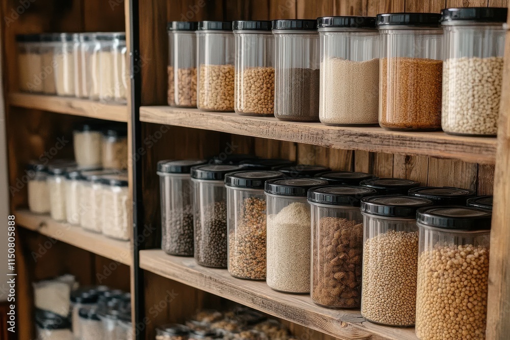 Organizing Bulk Food Supplies in Transparent Containers on Shelves Within a Natural Lighting Warehouse Setting for Optimal Storage and Display