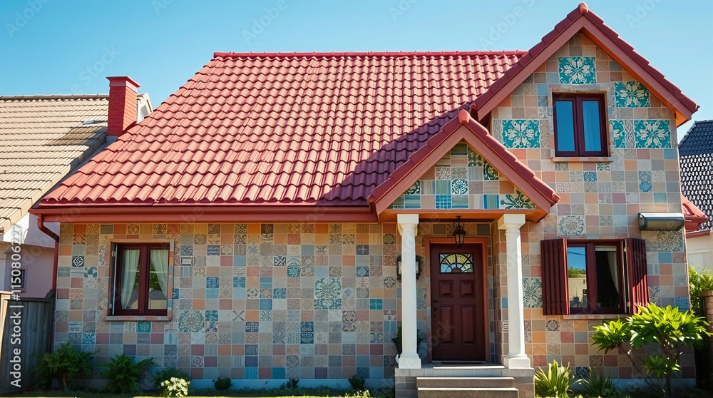 A single-story house with a red tile roof and multicolored tile exterior walls. The house features a porch with white columns, brown door, and multiple windows. Landscaping is visible in front. A single-story house with a red tile roof and multicolored tile exterior walls. The house features a porch with white columns, brown door, and multiple windows. Landscaping is visible in front.
