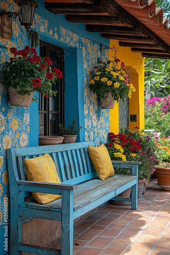 errasse Extérieure Colorée et Vintage avec Tapisserie Vinyle, Meubles en Bois Récupérés et Peints, fleurs et plantes décoratives photo