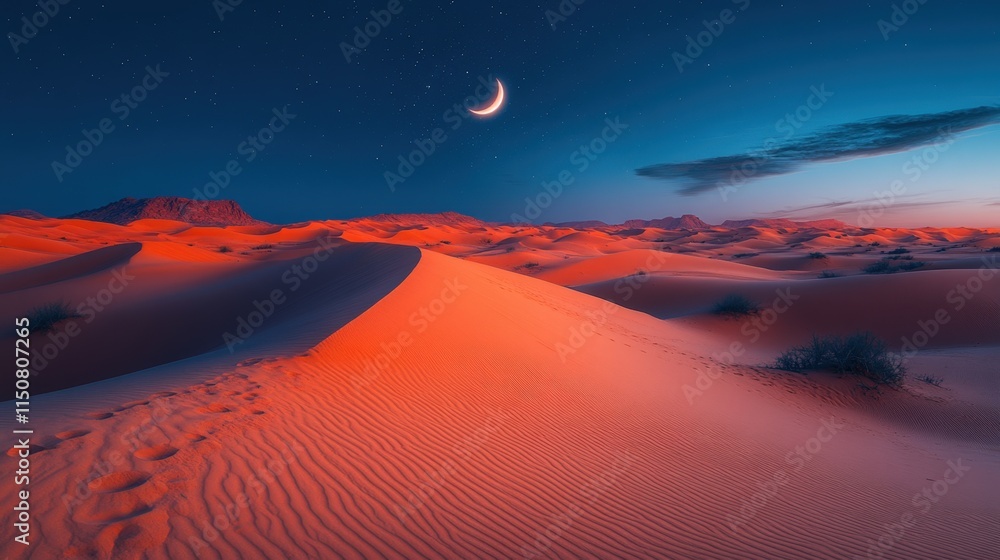 Desert landscape at night with crescent moon and red sand dunes. Desert landscape at night with crescent moon and red sand dunes.
