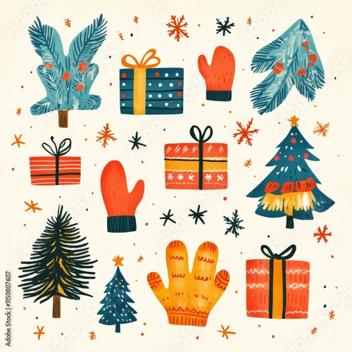 flat illustration about holiday season, flat objects pattern repetitively such as gloves, gifts photo