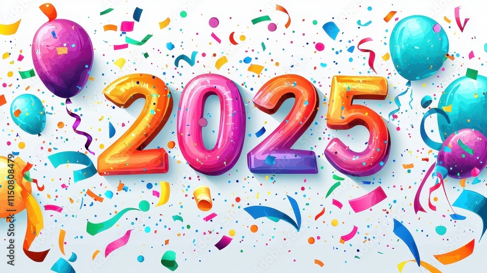 Fototapeta premium Colorful Playful Illustration Featuring Festive Elements for Celebrating a Joyful New Year 2025 with Balloons