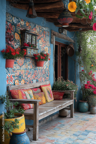 Terrasse Extérieure Colorée et Vintage avec Tapisserie Vinyle, Meubles en Bois Récupérés et Peints, Fleurs et Plantes décoratives photo