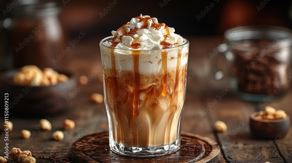 A delicious layered coffee drink topped with whipped cream and caramel sauce. A delicious layered coffee drink topped with whipped cream and caramel sauce.