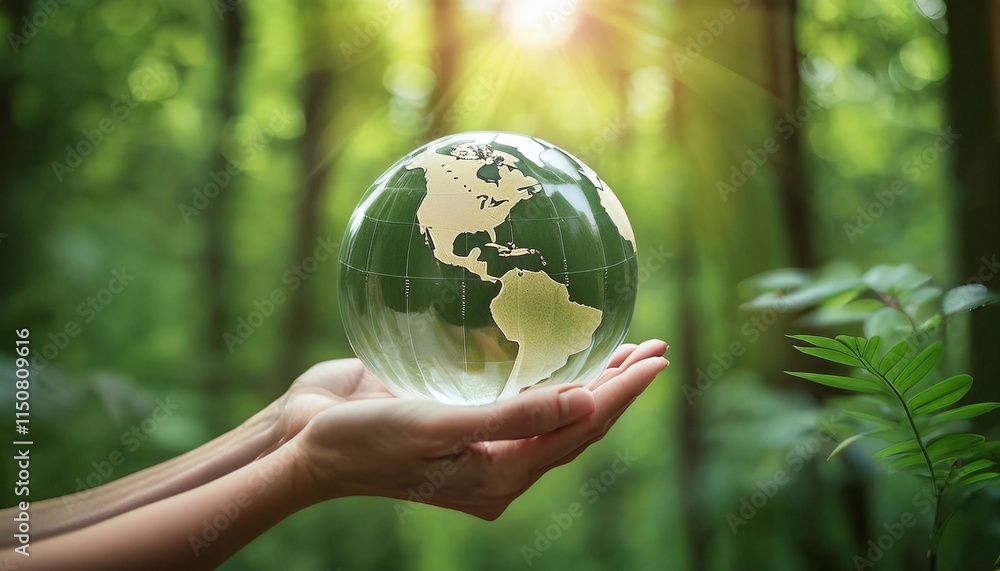 Hands Holding Globe Glass In Green Forest Hands Holding Globe Glass In Green Forest