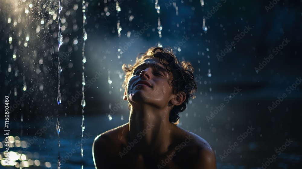 Beautiful young guy in dark room standing under the water Beautiful young guy in dark room standing under the water