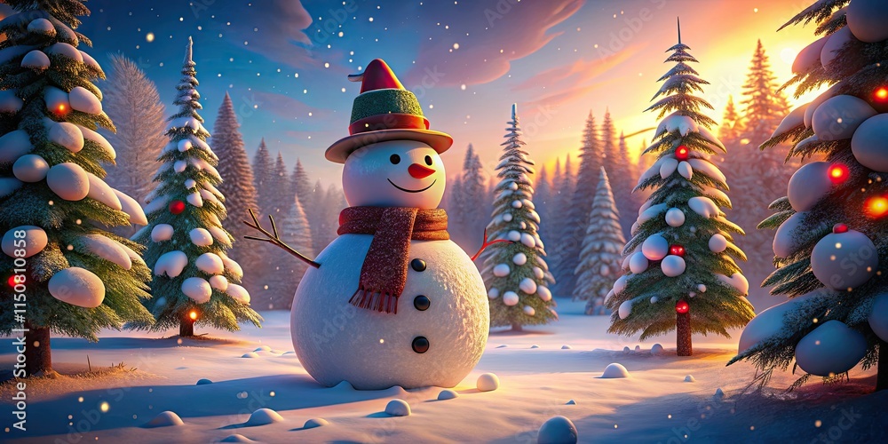 Fototapeta premium Charming 3D snowman in a magical, snowy forest scene. AI art depicts a Christmas wonderland.