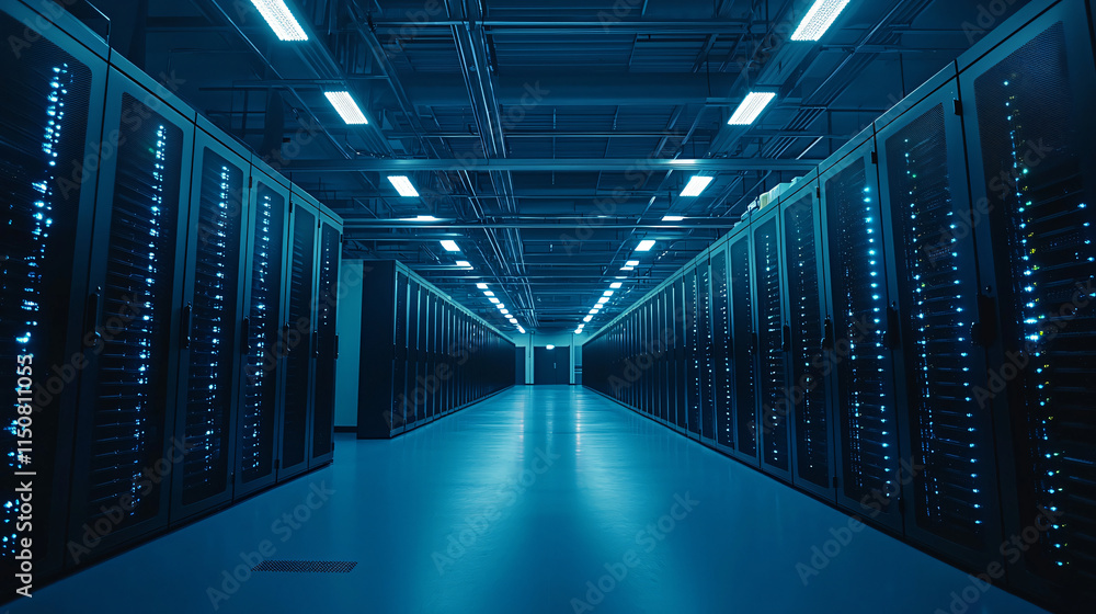 A spacious data center with rows of glowing server racks, illuminated by cool blue lights, captured in a stock photography style. A spacious data center with rows of glowing server racks, illuminated by cool blue lights, captured in a stock photography style.